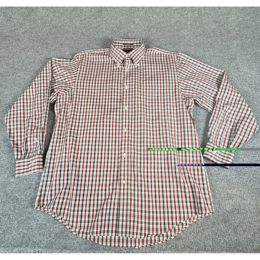 Lands End Shirt Mens‎ 16.5 35 No Iron Button Red Tartan Plaid Preppy Office Dad